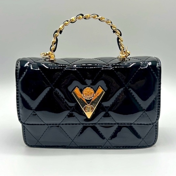 Valentino Orlandi Black Quilted Mini Bag with Gold Chain in Patent - Picture 3 of 6